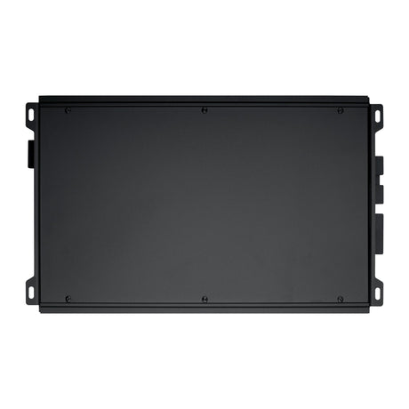 Bottom view of a black amplifier with a plain rectangular metal cover and side mounting tabs