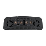 Amplifier power panel with GND, REM and +12V terminals above two cooling fans