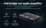 Audiopipe amplifier graphic advertising Class D full-bridge circuitry, 8000W maximum output, 9–16V operation and 10Hz–20kHz response