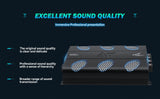 Audiopipe amplifier graphic promoting clear sound and a broad sound range