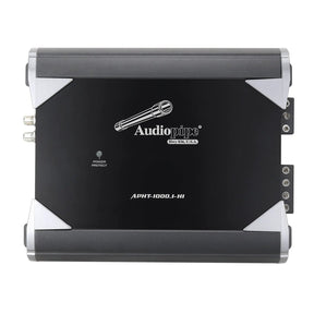 Audiopipe APHT-1000.1-H1 amplifier top view with silver corner trim and a power-protect indicator