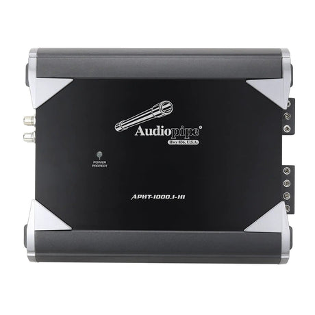 Audiopipe APHT-1000.1-H1 amplifier top view with silver corner trim and a power-protect indicator