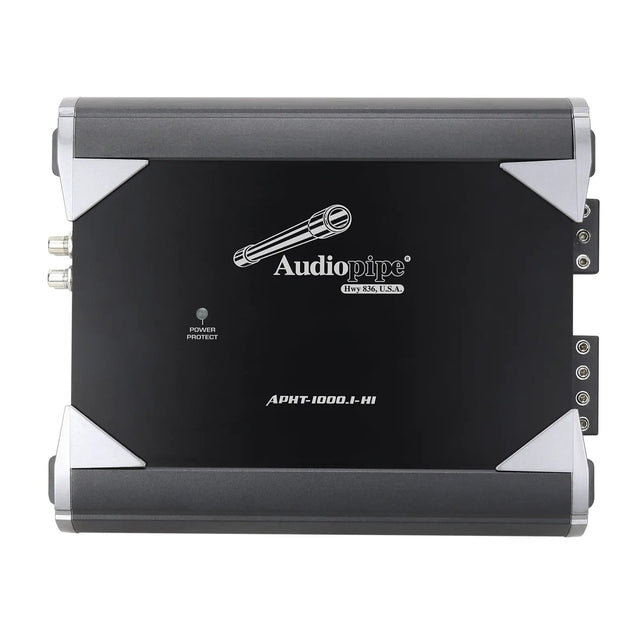Audiopipe APHT-1000.1-H1 amplifier top view with silver corner trim and a power-protect indicator