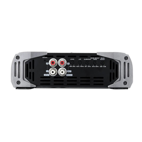 Audiopipe amplifier control panel with RCA input and output sockets, adjustment knobs and a remote port