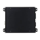 Underside of compact black amplifier showing its flat base and mounting tabs
