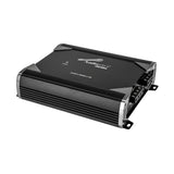 Opposite angle of a black Audiopipe amplifier showing its finned side and connection end