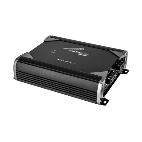 Opposite angle of a black Audiopipe amplifier showing its finned side and connection end