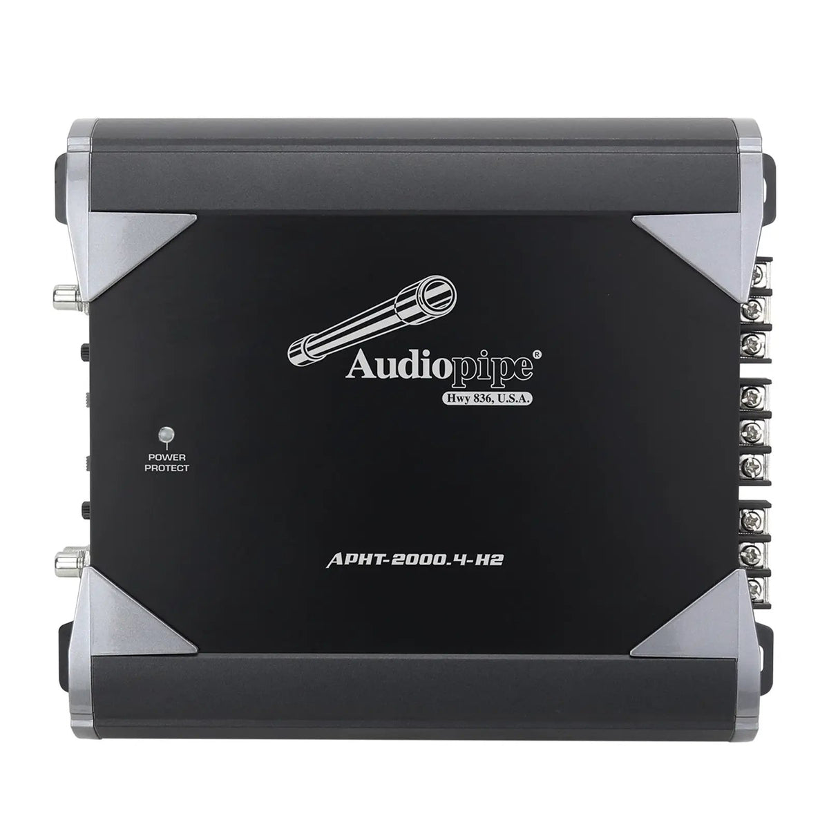 Overhead view of an Audiopipe APHT-2000.4-H2 amplifier with a black panel and silver corner accents