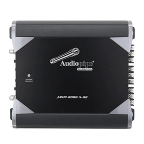 Overhead view of an Audiopipe APHT-2000.4-H2 amplifier with a black panel and silver corner accents