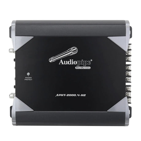 Overhead view of an Audiopipe APHT-2000.4-H2 amplifier with a black panel and silver corner accents