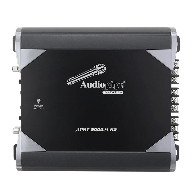 Overhead view of an Audiopipe APHT-2000.4-H2 amplifier with a black panel and silver corner accents