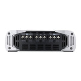 Amplifier terminal panel with front and rear speaker outputs around the central power connections