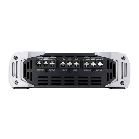 Amplifier terminal panel with front and rear speaker outputs around the central power connections