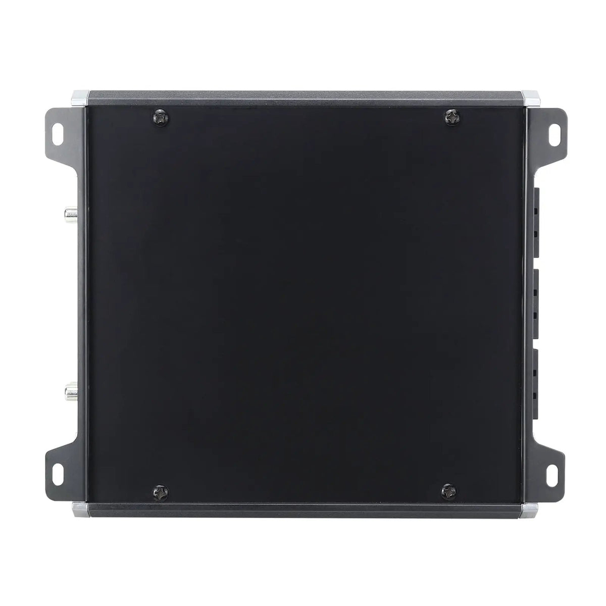 Plain black amplifier underside with four corner mounting tabs