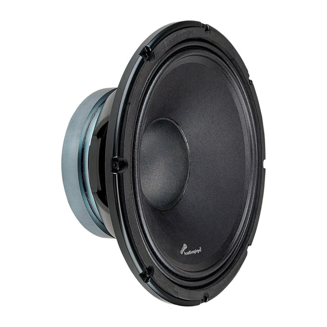 Angled black Audiopipe speaker showing its cone, basket and silver magnet