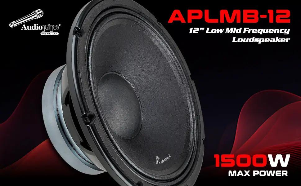 Audiopipe APLMB-12 promotional graphic identifying a 12-inch low-mid-frequency speaker and 1500W maximum power