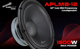 Audiopipe APLMB-12 promotional graphic identifying a 12-inch low-mid-frequency speaker and 1500W maximum power