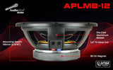 APLMB-12 side diagram labeling 135 mm mounting depth, die-cast aluminum basket, 3.3-inch TIL voice coil and 95-ounce magnet