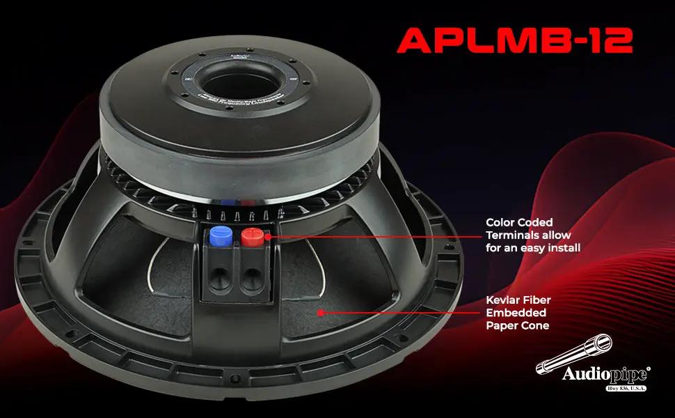 Audiopipe APLMB-12 rear-view graphic highlighting color-coded terminals and a Kevlar-fiber-embedded paper cone