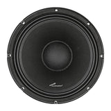 Front of a black Audiopipe speaker with a smooth cone, domed center and slotted mounting holes