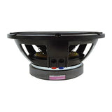 Side view of a large black speaker with red and blue terminal caps and a silver magnet