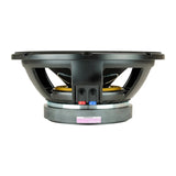 Audiopipe loudspeaker side view showing its basket, large magnet and red and black terminals
