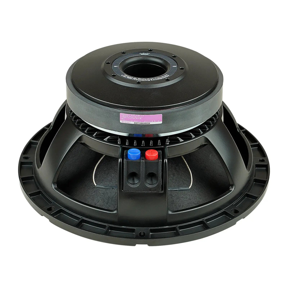 Angled rear view of a black speaker showing its vented magnet and red and blue terminal caps