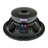 Angled rear view of a black speaker showing its vented magnet and red and blue terminal caps