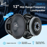 Audiopipe APLMR-12 feature graphic showing front and rear views, a Kapton voice coil and 138mm mounting depth