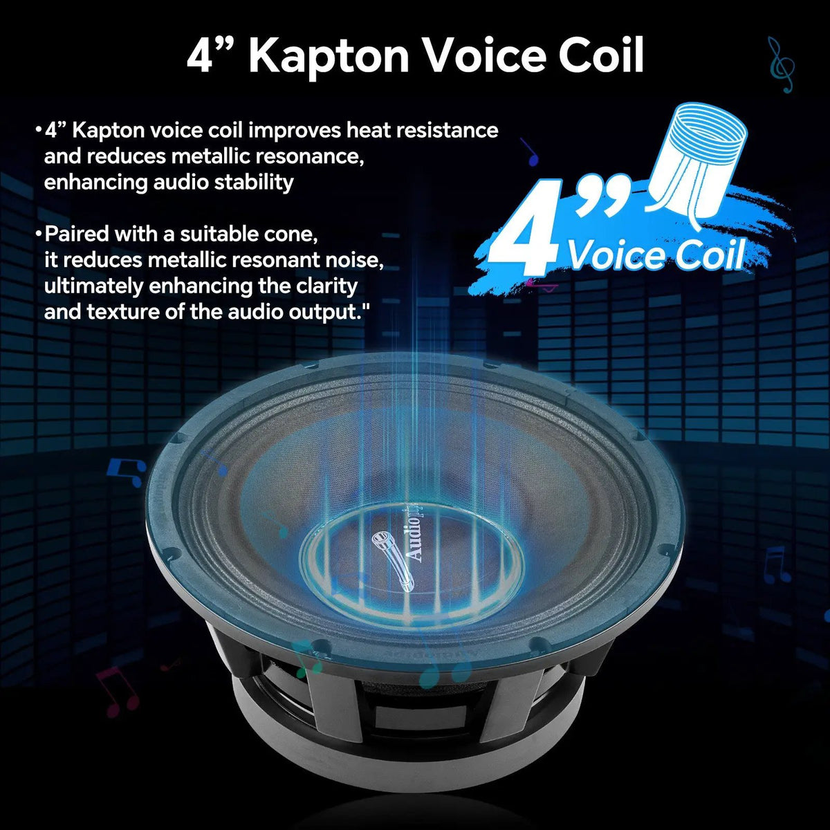 Audiopipe speaker graphic highlighting a 4-inch Kapton voice coil for heat resistance and reduced resonance