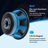 Audiopipe speaker graphic highlighting a die-cast aluminum basket and 125-ounce magnet