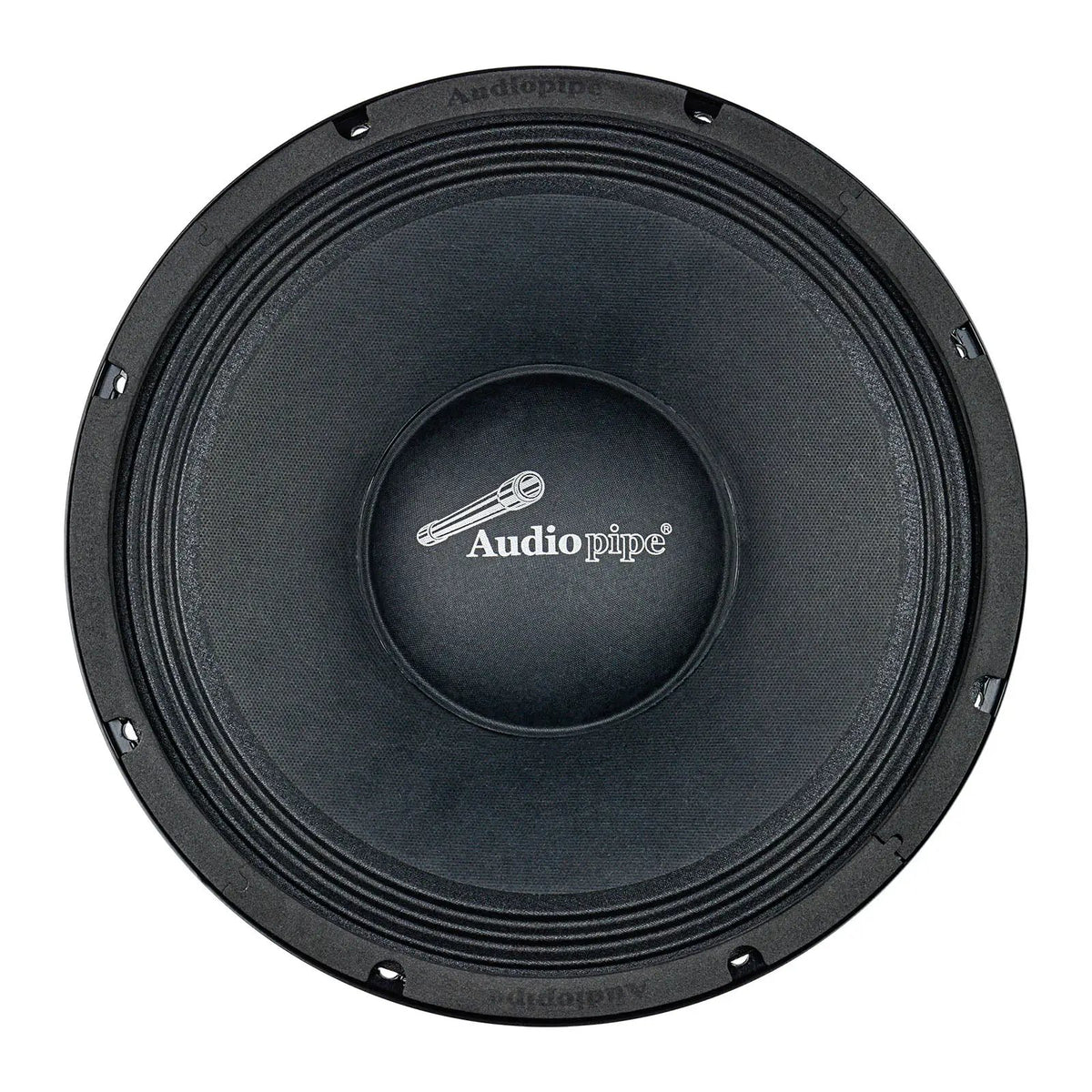 Front of an Audiopipe speaker with a black cone, rounded logo dust cap and circular mounting rim