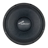 Front of an Audiopipe speaker with a black cone, rounded logo dust cap and circular mounting rim