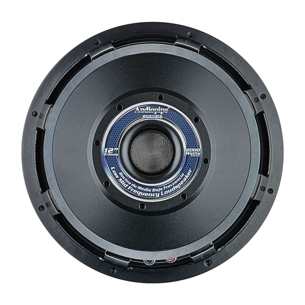 Rear view of an Audiopipe APLMR-12 loudspeaker with a central mesh vent and blue specification label