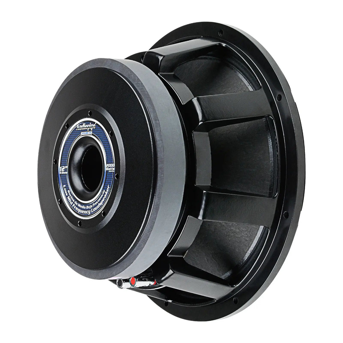 Rear angled view of an Audiopipe midrange speaker showing its vented magnet, open basket and terminals