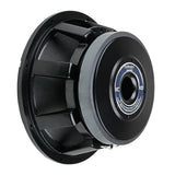 Rear angled view of a black loudspeaker showing its large magnet, central vent and open basket