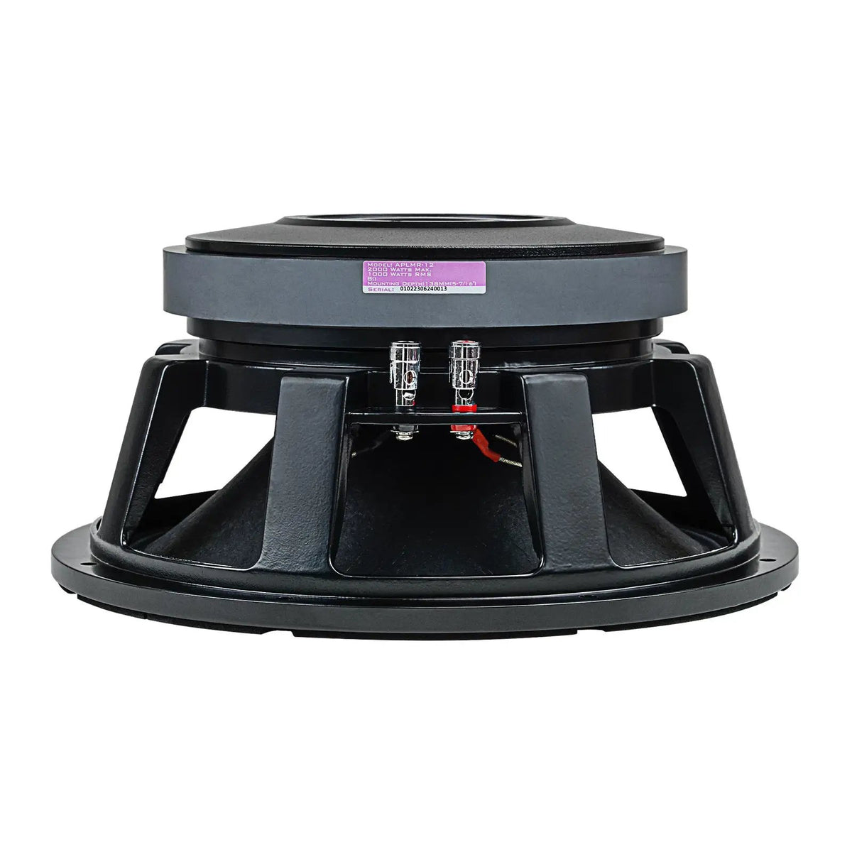 Inverted side view of an Audiopipe APLMR-12 loudspeaker showing its magnet label, open basket and silver terminals