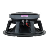 Inverted side view of an Audiopipe APLMR-12 loudspeaker showing its magnet label, open basket and silver terminals