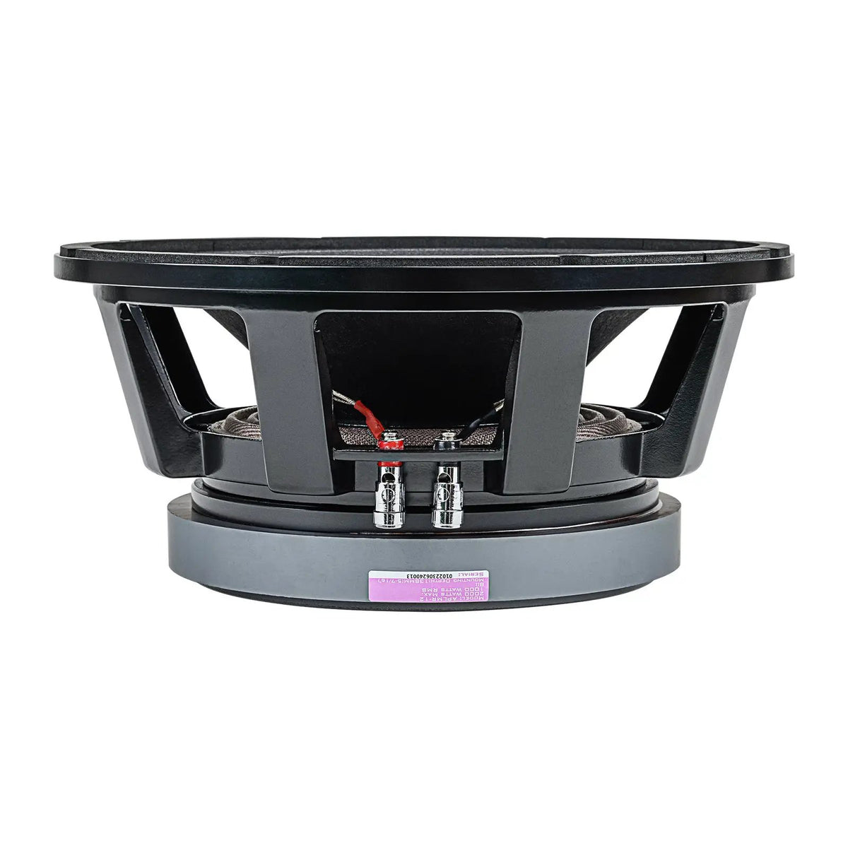 Audiopipe midrange loudspeaker side view showing its open basket, magnet and terminals