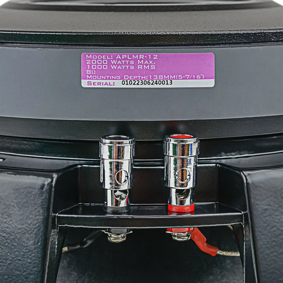 Close-up of an Audiopipe APLMR-12 speaker label showing 8 ohms and 1000W RMS above red and black terminals