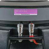 Close-up of an Audiopipe APLMR-12 speaker label showing 8 ohms and 1000W RMS above red and black terminals