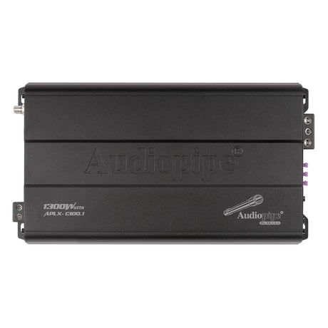 Top view of an Audiopipe APLX-1300.1 amplifier with a printed 1300-watt label