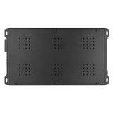 Underside of a black amplifier with grouped ventilation holes, cover screws and mounting tabs