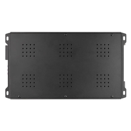 Underside of a black amplifier with grouped ventilation holes, cover screws and mounting tabs