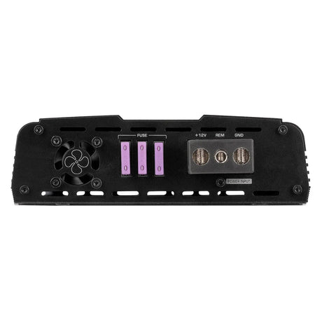Amplifier power panel with cooling fan, three purple fuses and connection terminals
