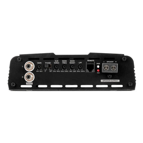 Amplifier panel with RCA inputs, gain and filter controls, remote socket and speaker output terminals