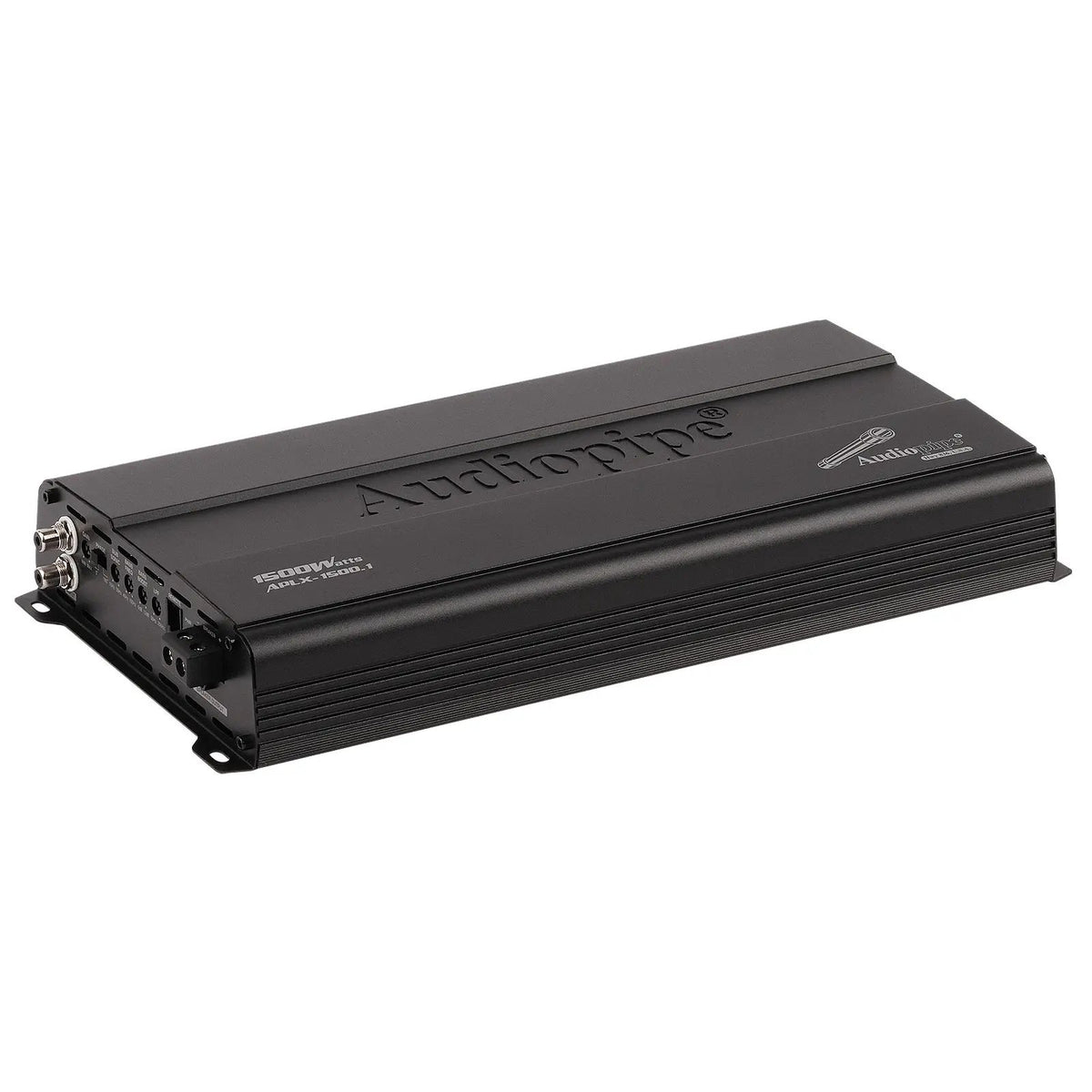 Angled black Audiopipe amplifier with raised top lettering and its input panel visible