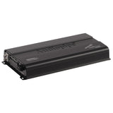 Angled black Audiopipe amplifier with raised top lettering and its input panel visible