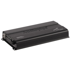 Angled black Audiopipe amplifier with raised top lettering and its input panel visible
