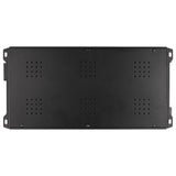 Black amplifier underside with five groups of ventilation holes and four mounting slots